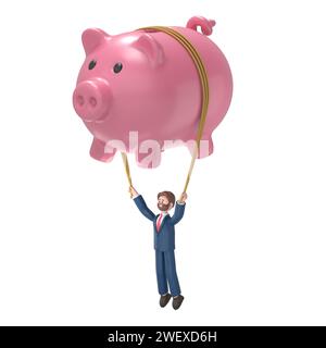 Infografica Web 3d isometrica di concetto di libertà finanziaria 3d piatta illustrazione 3D. Illustrazione in 3D del barbuto imprenditore americano Bob Fly Piggy Bank infla Foto Stock