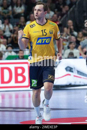 Colonia, Germania. 26 gennaio 2024. © Laurent Lairys/MAXPPP - Colonia 26/01/2024 Hampus Wanne della Svezia durante la partita di pallamano maschile EHF Euro 2024, semifinali tra Francia e Svezia il 26 gennaio 2024 alla Lanxess-Arena di Colonia, Germania - foto Laurent Lairys/MAXPPP credito: MAXPPP/Alamy Live News Foto Stock