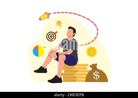 Illustrazione del vettore del concetto di investimento. Uomo d'affari seduto su un mucchio di monete e guardando un bersaglio. Illustrazione Vettoriale