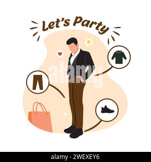 Facciamo festa. Illustrazione vettoriale in stile cartone animato piatto. Uomo in smoking con le borse della spesa. Illustrazione Vettoriale