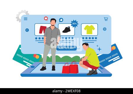 Concetto di shopping online. Uomo che compra vestiti su Internet. Illustrazione vettoriale in stile piatto Illustrazione Vettoriale