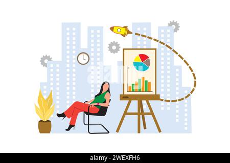 Donna d'affari seduta su una sedia e disegna un business chart. Illustrazione vettoriale Illustrazione Vettoriale
