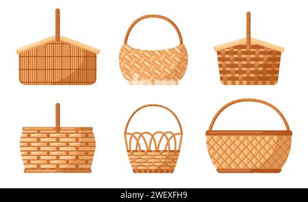 Set cestelli in vimini. Contenitore da picnic vuoto Illustrazione Vettoriale
