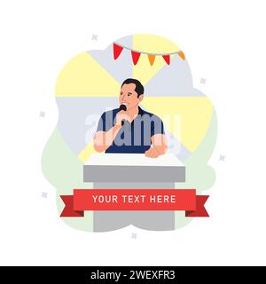 Illustrazione vettoriale di un uomo che parla nel microfono. Design piatto. Illustrazione Vettoriale