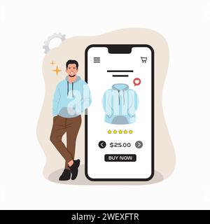 Uomo con cappuccio e telefono cellulare. Illustrazione vettoriale in stile piatto Illustrazione Vettoriale