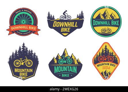 Distintivo di Mountain bike con emblema di bicicletta da montagna Illustrazione Vettoriale