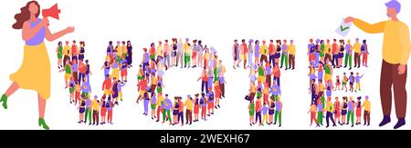 Banner di voto. Tipografia del voto formata dalla folla della comunità degli elettori, coinvolgimento elettorale illustrazione vettoriale isometrica Illustrazione Vettoriale