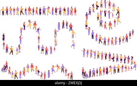 Vista dall'alto delle persone in linea. Linea di clienti composta da persone diverse che formano linee di varie forme, la folla della comunità rimane e attende il set di illustrazioni vettoriali isometriche Illustrazione Vettoriale