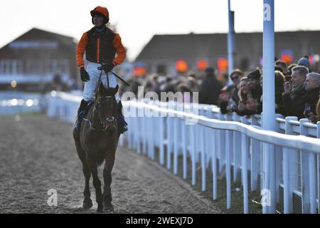 Cheltenham, Regno Unito. 27 gennaio 2024. Harry Cobden saluta la folla di Cheltenham a bordo della Noble Yeats dopo aver vinto l'ostacolo Cleeve di McCoy a Cheltenham. REGNO UNITO. Crediti fotografici: Paul Blake/Alamy Sports News Foto Stock