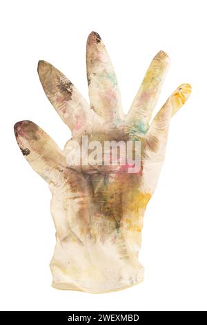 Guanti di gomma bianca in macchie di vernice su sfondo bianco. Il concetto di creatività, creazione. Il file contiene il percorso di ritaglio. Foto Stock