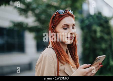 Donna d'affari rossa che chiacchiera con uno smartphone mentre tornava a casa dal lavoro. Foto Stock