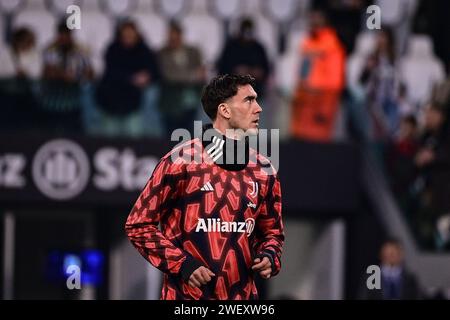 Torino, Italia. 27 gennaio 2024. Foto Marco Alpozzi/LaPresse 27 gennaio 2024 - Torino, Italia - sport - Juventus vs Empoli - Campionato italiano di calcio serie A TIM 2023/2024 - Stadio Allianz. Nella foto: Dusan Vlahovic (Juventus FC); 27 gennaio 2024 Torino, Italia - sport Soccer - Juventus vs Empoli - Italian Football Championship League A TIM 2023/2024 - Allianz Stadium nella foto: Dusan Vlahovic (Juventus FC); Credit: LaPresse/Alamy Live News Foto Stock