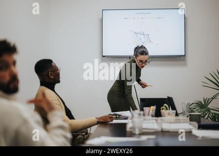 Professionisti aziendali che analizzano le statistiche e discutono idee per la crescita aziendale in una riunione di Consiglio. Foto Stock