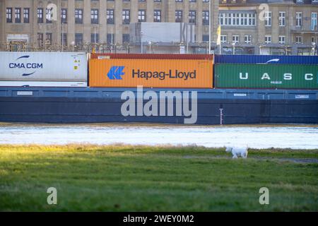 Düsseldorf 27.01.2024 Handelsschiff Rheinschiffer Transportschiff Frachtschiff Frachter Frachtgut Stückgut Containerschiff Container Frachtcontainer Grundwasser Hapag-Lloyd UASC Lieferkette Lieferketten Transportwege Rheinuferpromenade Düsseldorf Nordrhein-Westfalen Deutschland *** Düsseldorf 27 01 2024 nave mercantile Reno chiatta Reno nave da trasporto nave da carico cargo Cargo Cargo container per carichi generici nave container container per il carico acque sotterranee Hapag Lloyd UASC catena di approvvigionamento catene di approvvigionamento rotte di trasporto Rheinuferpromenade Düsseldorf Nord Renania-Vestfalia Germania Foto Stock