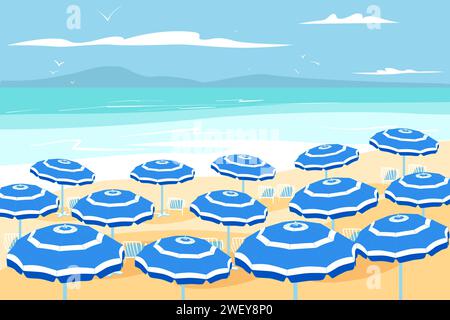 Ombrelloni sulla spiaggia nelle soleggiate giornate estive con cielo blu Illustrazione Vettoriale