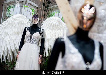 Oldenburg, Germania. 27 gennaio 2024. Gli abiti da sposa sono esposti su manichini presso uno stand della fiera nuziale. Alla fiera nuziale "Verliebt, verlobt, verheiratet - die schönsten Festideen", 60 espositori presenteranno le ultime tendenze del settore nel weekend a Weser-EMS-Hallen di Oldenburg. Credito: Hauke-Christian Dittrich/dpa/Alamy Live News Foto Stock