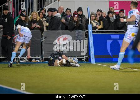 *** Durante il Gallagher Premiership Rugby Match tra Saracens ed Exeter Chiefs allo Stonex Stadium, Londra, Inghilterra il 27 gennaio 2024. Foto di Phil Hutchinson. Solo per uso editoriale, licenza necessaria per uso commerciale. Nessun utilizzo in scommesse, giochi o pubblicazioni di un singolo club/campionato/giocatore. Credito: UK Sports Pics Ltd/Alamy Live News Foto Stock