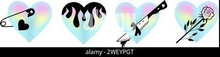 Set cuori olografici. Collezione y2k Rave foil di adesivi gotici EMO alla moda. Illustrazione vettoriale Illustrazione Vettoriale