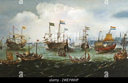 Andries van Eertvelt (1590-1652) - il ritorno ad Amsterdam della seconda spedizione nelle Indie Orientali il 19 luglio 1599 Foto Stock