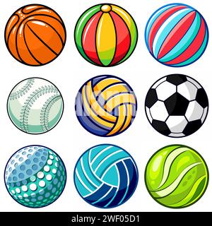 Collezione di palline rotonde per diverse attività sportive e ricreative illustrazione vettoriale Illustrazione Vettoriale