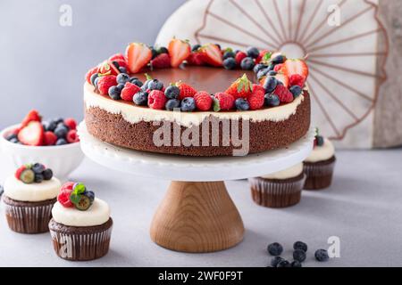 Cheesecake al cioccolato e alla vaniglia con ganache al cioccolato e una varietà di frutti di bosco freschi Foto Stock
