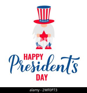 Buon Presidents Day con scritta in calligrafia e grazioso gnomo. Poster della tipografia patriottica americana. Modello vettoriale facile da modificare per la progettazione di logo e banner Illustrazione Vettoriale