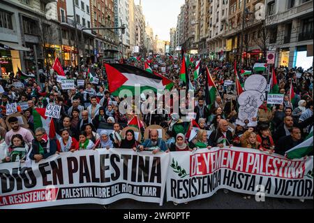 Madrid, Spagna. 27 gennaio 2024. Persone che protestano durante una manifestazione a sostegno del popolo palestinese. Migliaia di persone hanno marciato attraverso il centro della città per chiedere un cessate il fuoco a Gaza mentre continuano gli attacchi israeliani. Oltre 26.000 palestinesi sono stati uccisi nella Striscia di Gaza dal 7 ottobre 2023, a seguito di attacchi aerei israeliani e attacchi durante il conflitto tra Israele e Palestina. Crediti: Marcos del Mazo/Alamy Live News Foto Stock