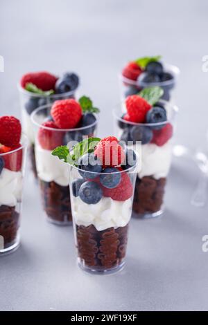 Mousse al cioccolato in tazze condite con panna montata e frutti di bosco freschi Foto Stock