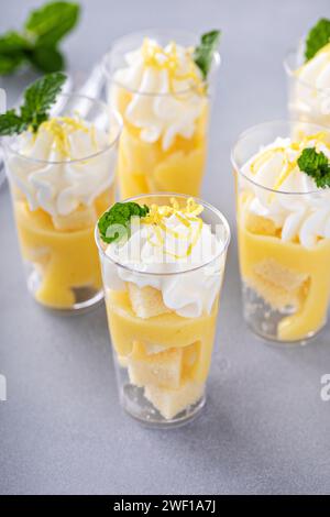 Parfait di meringa al limone in tazze piccole con torta libbre e panna montata Foto Stock