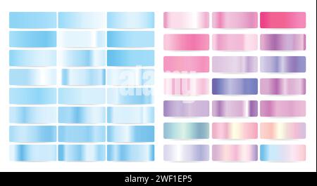 Set vettoriale di campioni sfumati blu e verde vivaci. per schermi, dispositivi mobili e web. Collezione palette colorate oro, argento e bronzo. Illustrazione Vettoriale