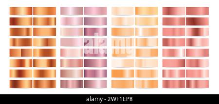 Collezione di sfumature metalliche dorate. Piatti brillanti con effetto oro. Collezione di set sfumature oro rosa e viola, illustrazione vettoriale. Illustrazione Vettoriale