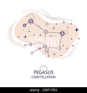 Costellazione di stelle Pegasus, previsione astrologica boho, astrologia magica, illustrazione vettoriale su bianco. Banner astrologico magico, sfondo tarocchi. E Illustrazione Vettoriale