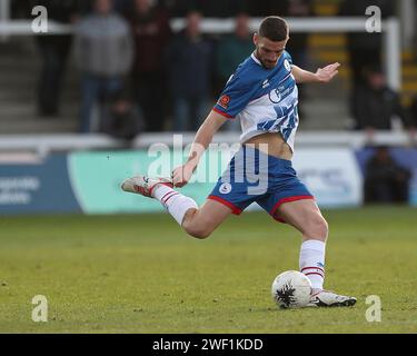 Hartlepool, Regno Unito. 27 gennaio 2023. Luke Waterfall of Hartlepool United durante la partita della Vanarama National League tra Hartlepool United e York City al Victoria Park, Hartlepool sabato 27 gennaio 2024. (Foto: Mark Fletcher | mi News) crediti: MI News & Sport /Alamy Live News Foto Stock