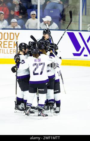 Tsongas Center. 27 gennaio 2024. Massachusetts, USA; Minnesota festeggia un gol tardivo durante una partita della stagione regolare della PWHL tra Boston e Minnesota al Tsongas Center. (c) Burt Granofsky/CSM/Alamy Live News Foto Stock