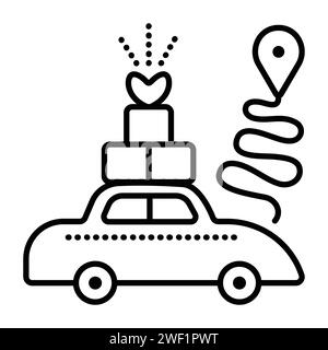 Consegna in auto, corriere taxi con pacchetti regalo sulla strada per la destinazione, icona della linea nera del vettore Illustrazione Vettoriale