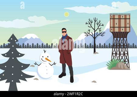 Illustrazione vettoriale di un uomo con un cappotto e occhiali da sole con un pupazzo di neve su uno sfondo di montagne. Illustrazione Vettoriale