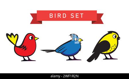Serie di uccelli isolati su sfondo bianco. Illustrazione vettoriale di stile piatto. Illustrazione Vettoriale