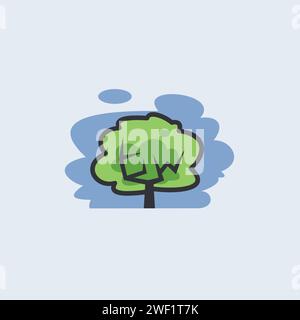 Logo di un cartone animato con un albero con rami appuntiti sullo sfondo del cielo. Illustrazione Vettoriale
