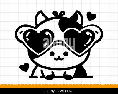 Grazioso viso di mucca con occhiali a forma di cuore. Illustrazione del profilo vettoriale. Illustrazione Vettoriale