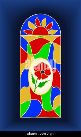 Vetrata colorata con fiori di papavero. Motivo a mosaico multicolore. Illustrazione vettoriale isolata Illustrazione Vettoriale