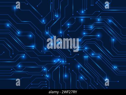 Background tecnologico delle schede a circuito stampato, la scheda a circuito stampato invia segnali al funzionamento dei dispositivi elettronici, con luce. Illustrazione vettoriale Illustrazione Vettoriale