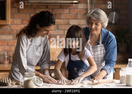 Famiglia intergenerazionale di 3 donne di età diversa impegnate in cucina Foto Stock