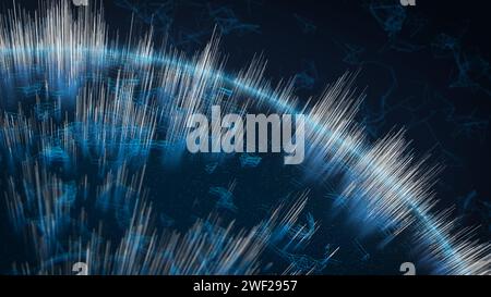 Tecnologia di rete dati globale. Telecomunicazioni, Internet of Things, connessione, rete neurale, ai, spazio. Illustrazione astratta con lin collegato Foto Stock