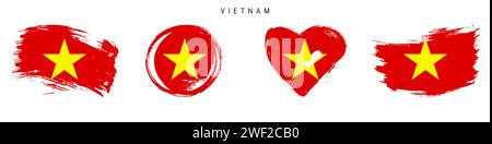 Set di icone bandiera stile grunge disegnate a mano Vietnam. Banner vietnamita nei colori ufficiali. Forma del tratto libero del pennello, cerchio e a forma di cuore. Guasto vettore piatto Illustrazione Vettoriale