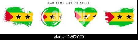 Set di icone di bandiera in stile grunge disegnate a mano Sao Tome e Principe. Striscione di San Tommaso e Principe con colori ufficiali. Forma del tratto pennello, cerchio e cuore-s. Illustrazione Vettoriale