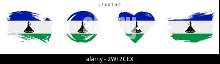 Set di icone di bandiera stile grunge disegnate a mano nel Lesotho. Bandiera del Regno del Lesotho con colori ufficiali. Forma del tratto libero del pennello, cerchio e a forma di cuore. Flat ve Illustrazione Vettoriale