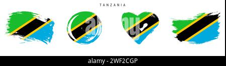 Set di icone bandiera stile grunge disegnate a mano in Tanzania. Banner tanzaniano con colori ufficiali. Forma del tratto libero del pennello, cerchio e a forma di cuore. Guasto vettore piatto Illustrazione Vettoriale