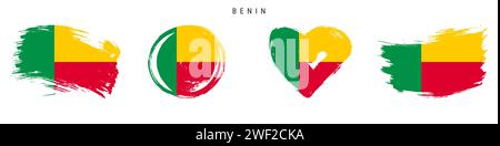 Set di icone bandiera stile grunge disegnate a mano Benin. Banner Dahomey con colori ufficiali. Forma del tratto libero del pennello, cerchio e a forma di cuore. Illustrazione vettoriale piatta Illustrazione Vettoriale