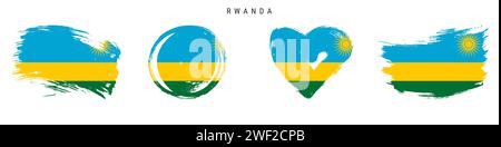Set di icone di bandiera in stile grunge disegnate a mano in Ruanda. Banner ruandese con colori ufficiali. Forma del tratto libero del pennello, cerchio e a forma di cuore. Illustr. Vettoriale piatto Illustrazione Vettoriale