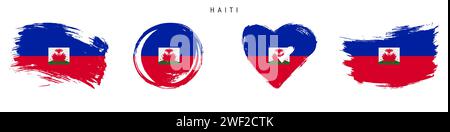 Set di icone bandiera stile grunge disegnate a mano Haiti. Striscione haitiano con colori ufficiali. Forma del tratto libero del pennello, cerchio e a forma di cuore. Illustrazione vettoriale piatta Illustrazione Vettoriale